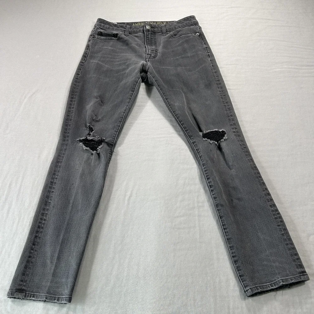 American Eagle Jeans Mens 30x30 Faded Black Denim Slim Skinny Distressed Stretch